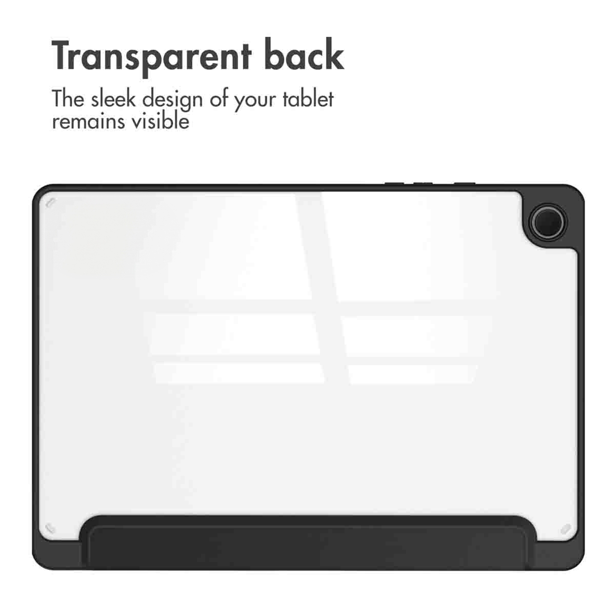 Een tablet hoes met transparante achterkant en zwarte rand toont het design.