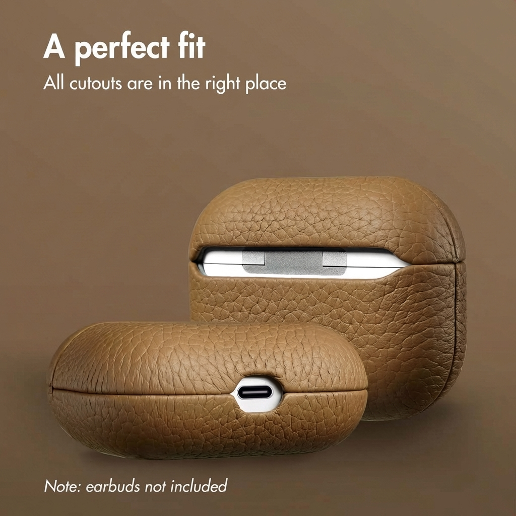 Funda de cuero marrón para AirPods con recortes precisos sobre fondo marrón.
