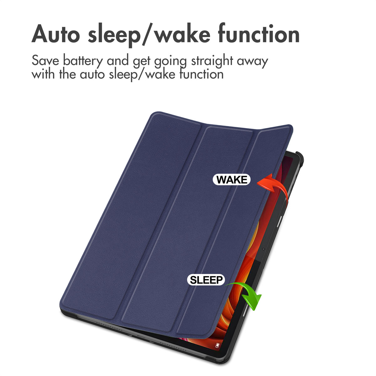 Tablet in blauer Hülle mit Sleep/Wake-Funktion und Text.