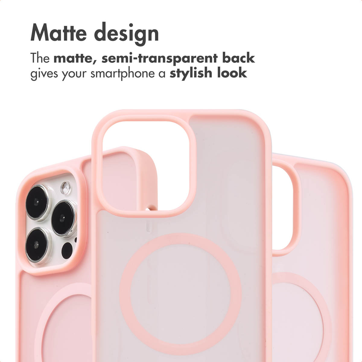Drei pinke Smartphone-Hüllen mit mattem, semi-transparentem Design und MagSafe-Ring.