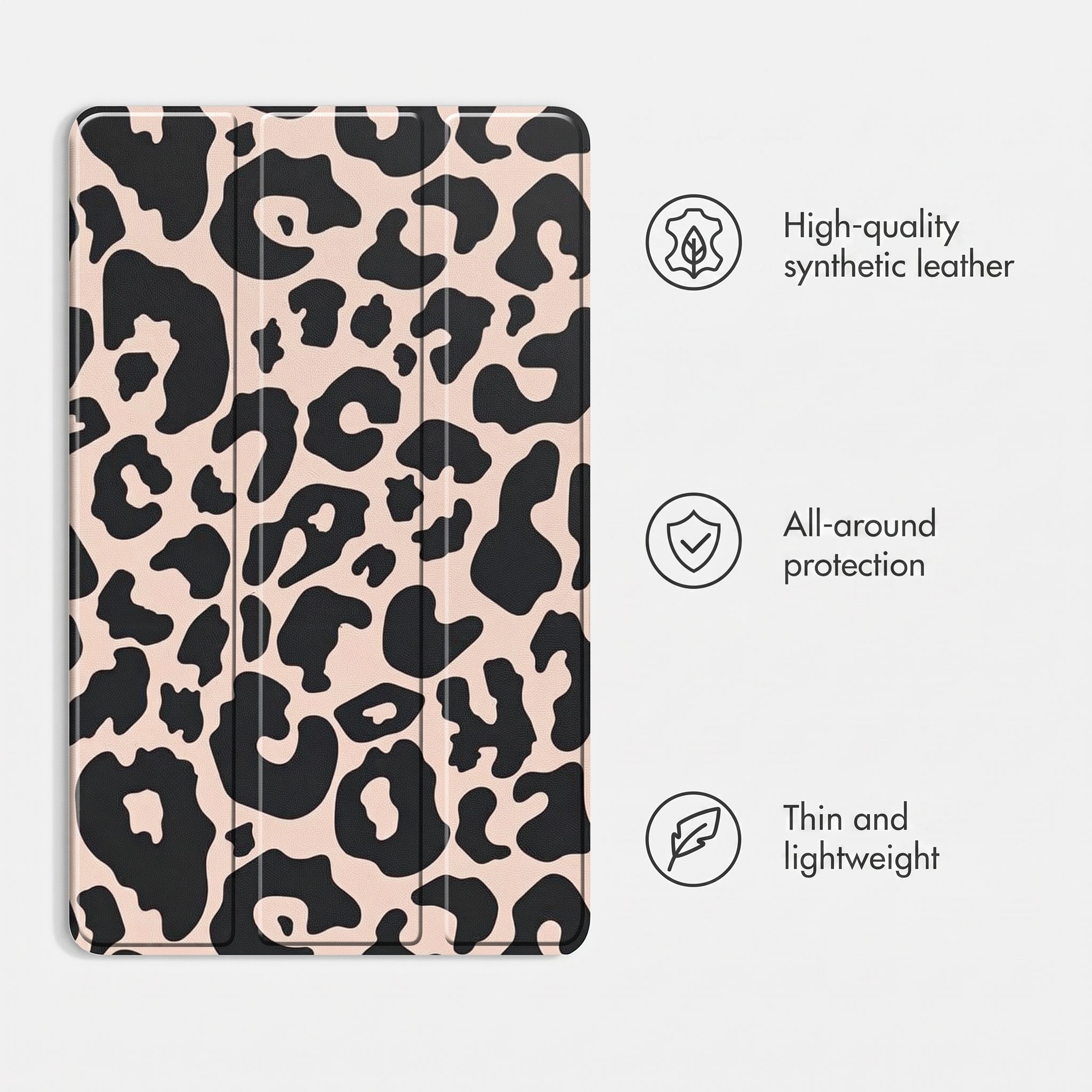 Tabletcover met luipaardprint en tekst over kunstleder, bescherming en lichtgewicht ontwerp.