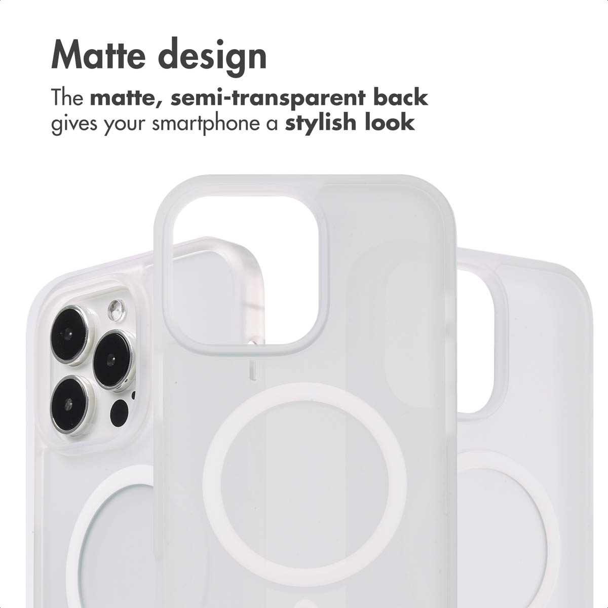 Drei matte, halbdurchsichtige Smartphone-Hüllen mit MagSafe-Ring auf weißem Hintergrund.
