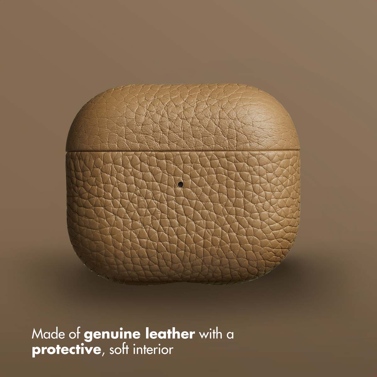 Estuche de carga de AirPods de cuero genuino marrón sobre fondo liso.