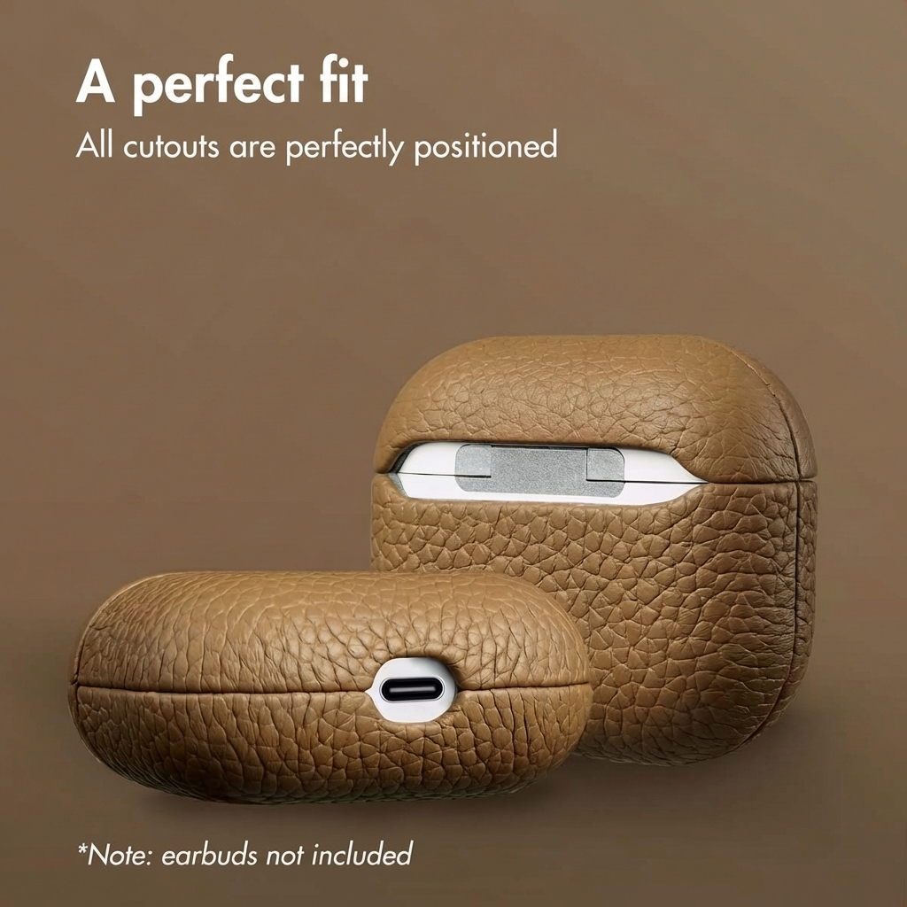 Estuche de cuero marrón para AirPods con recortes precisos, mostrado desde ángulos traseros y inferiores.