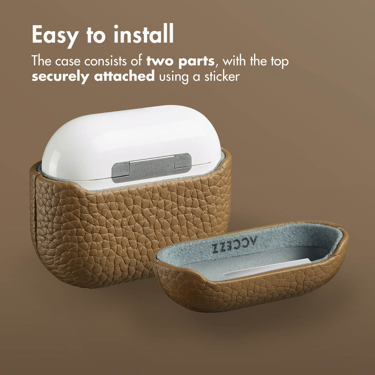 Una funda de piel marrón para AirPods con texto que indica que consta de dos partes.