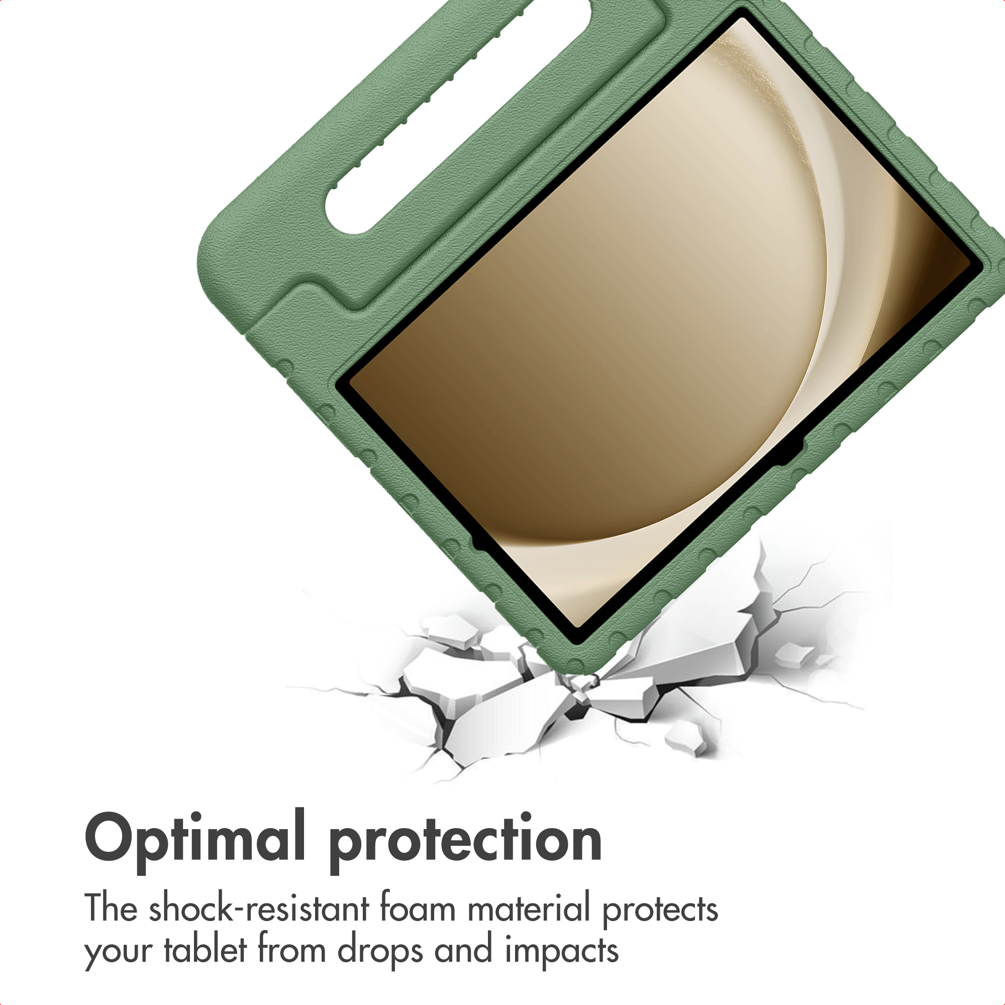 A tablet in a green foam case impacts a broken white surface, with text below.