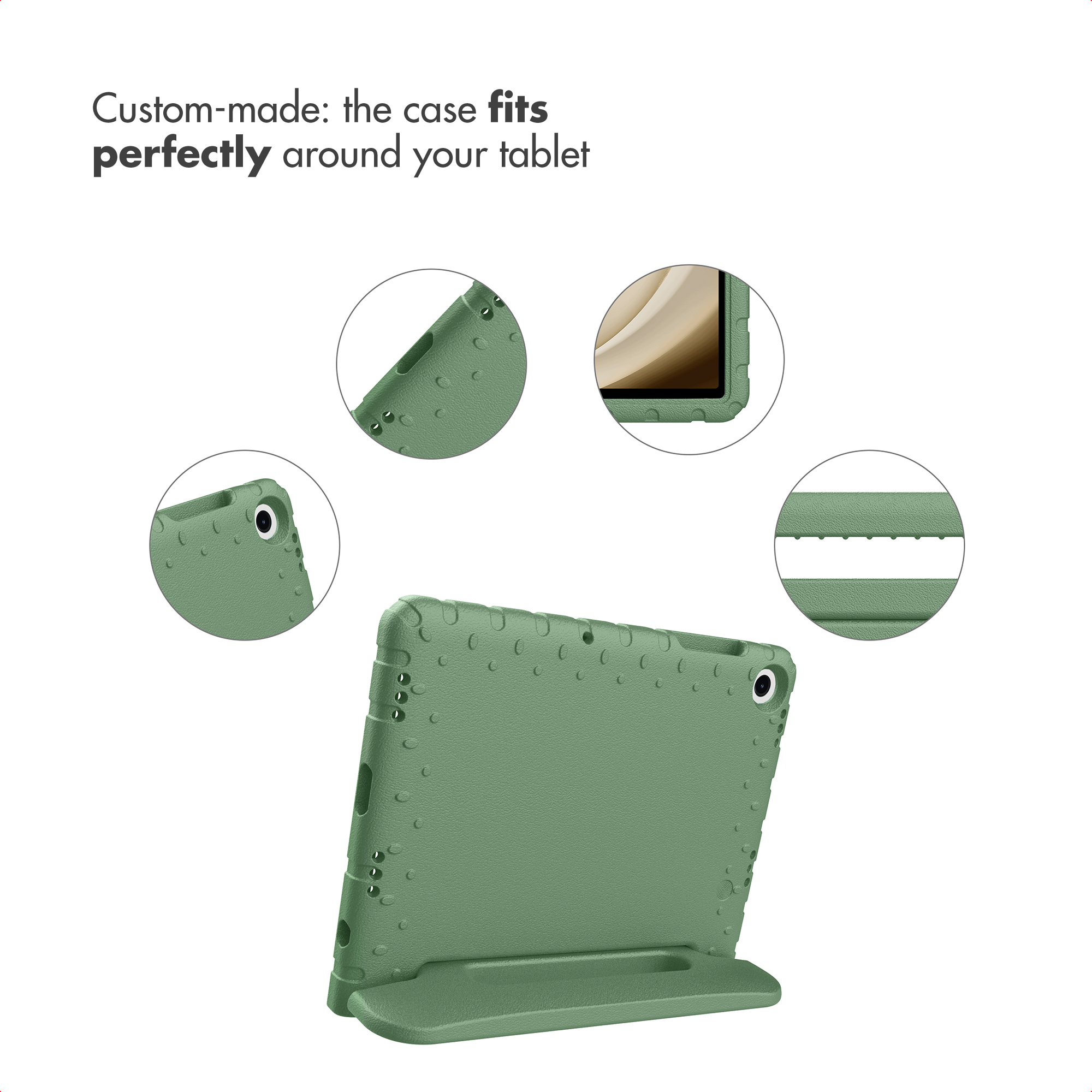 Green tablet case with cutouts, showing details in round inset and text at the top.