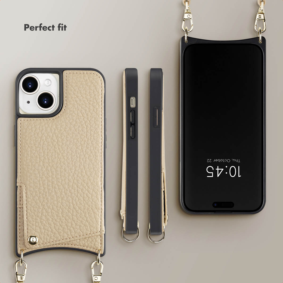 Beige lederen telefoonhoesje met kaartzakje, zijaanzicht en smartphone met riem op grijze achtergrond.