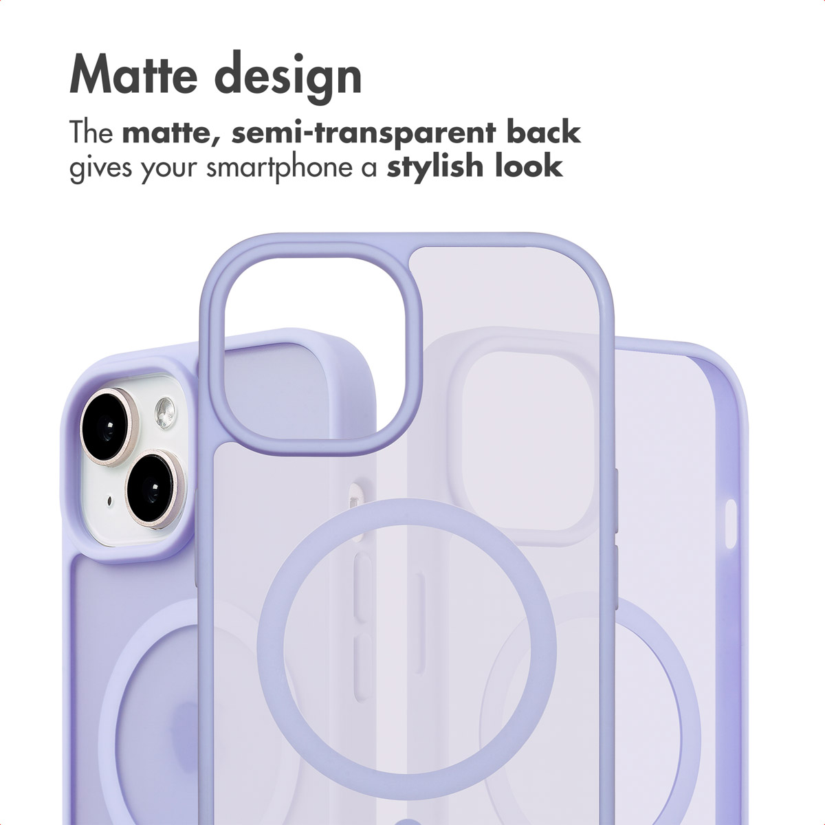 Een matte, lichtpaarse smartphonehoes met MagSafe-ring en camera-uitsparing tegen een witte achtergrond.