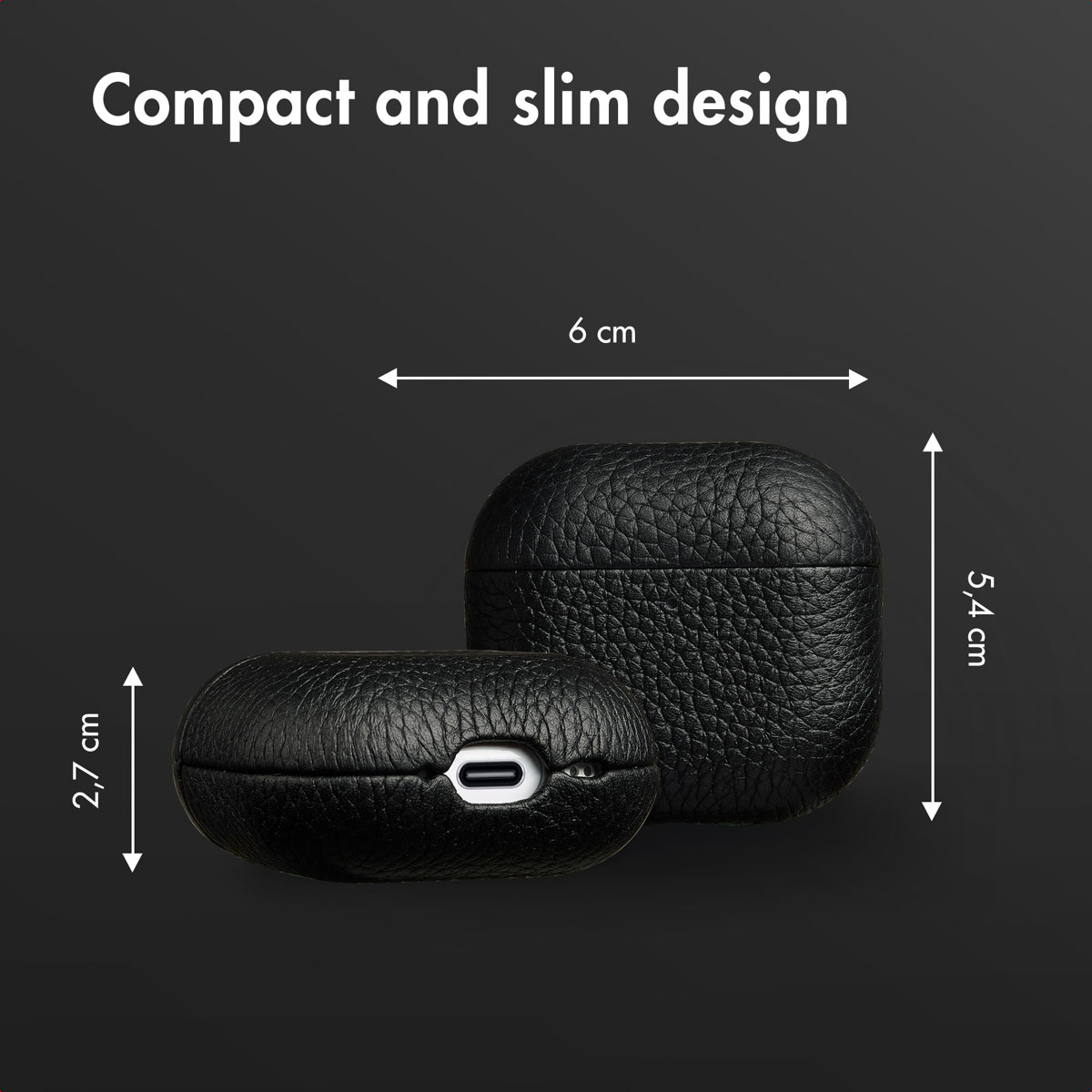 Diseño compacto con fundas de AirPods de cuero negro con dimensiones de 6x5,4x2,7 cm.