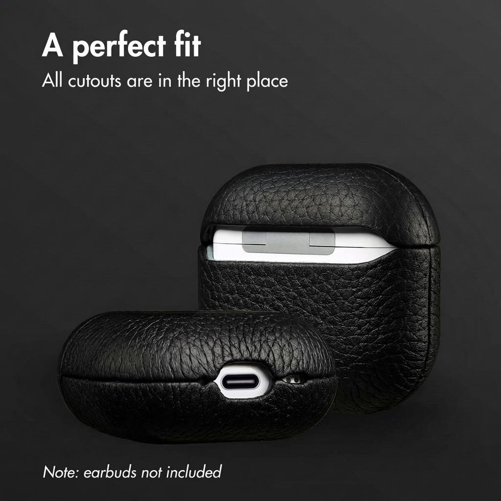 Funda de cuero negro para AirPods con recortes precisos sobre fondo oscuro.