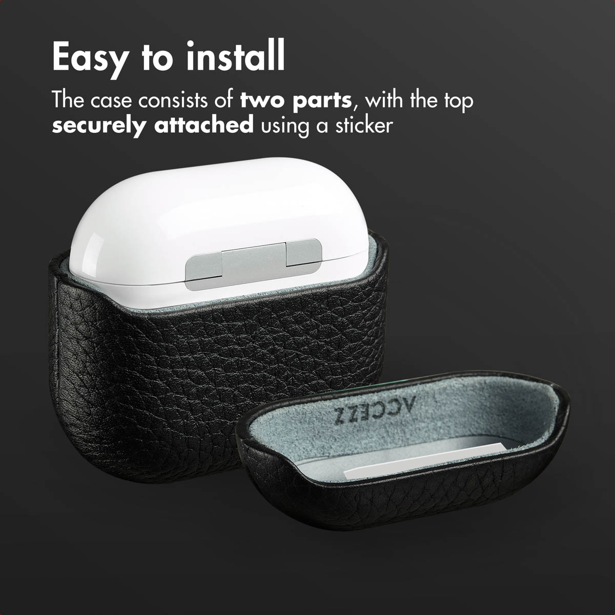 Estuche blanco de auriculares en una funda protectora de cuero negro de dos partes con texto.