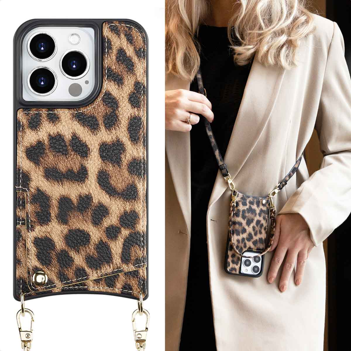 Una mujer lleva un smartphone con funda de leopardo y correa para el hombro.