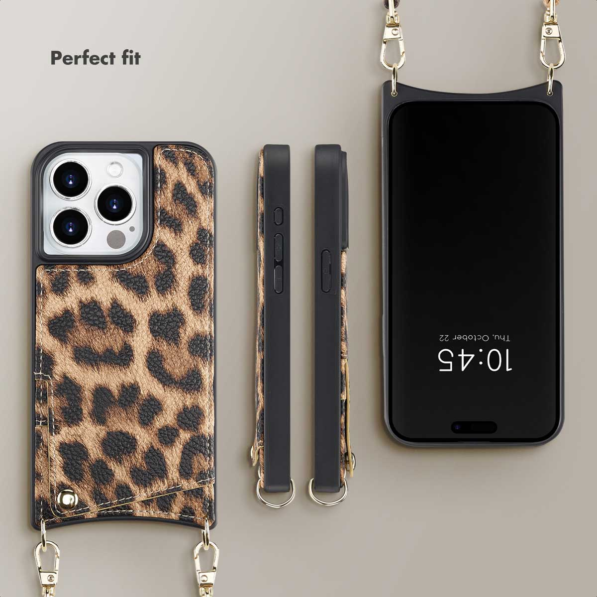 Funda de teléfono con estampado de leopardo, tarjetero y correa, vista de frente, dorso y lados.