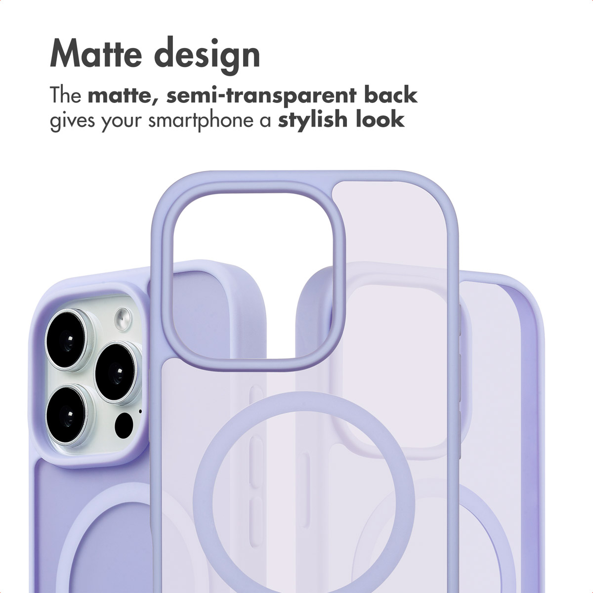 Una custodia per smartphone viola opaco con anello MagSafe e testo di design descrittivo.