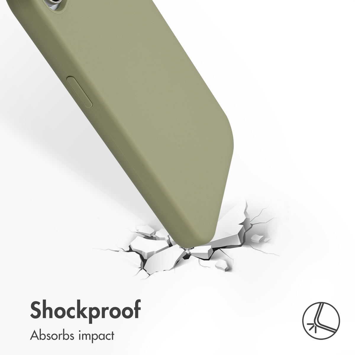 Une coque de téléphone vert olive frappe une surface blanche fissurée, avec le texte 'Shockproof'.