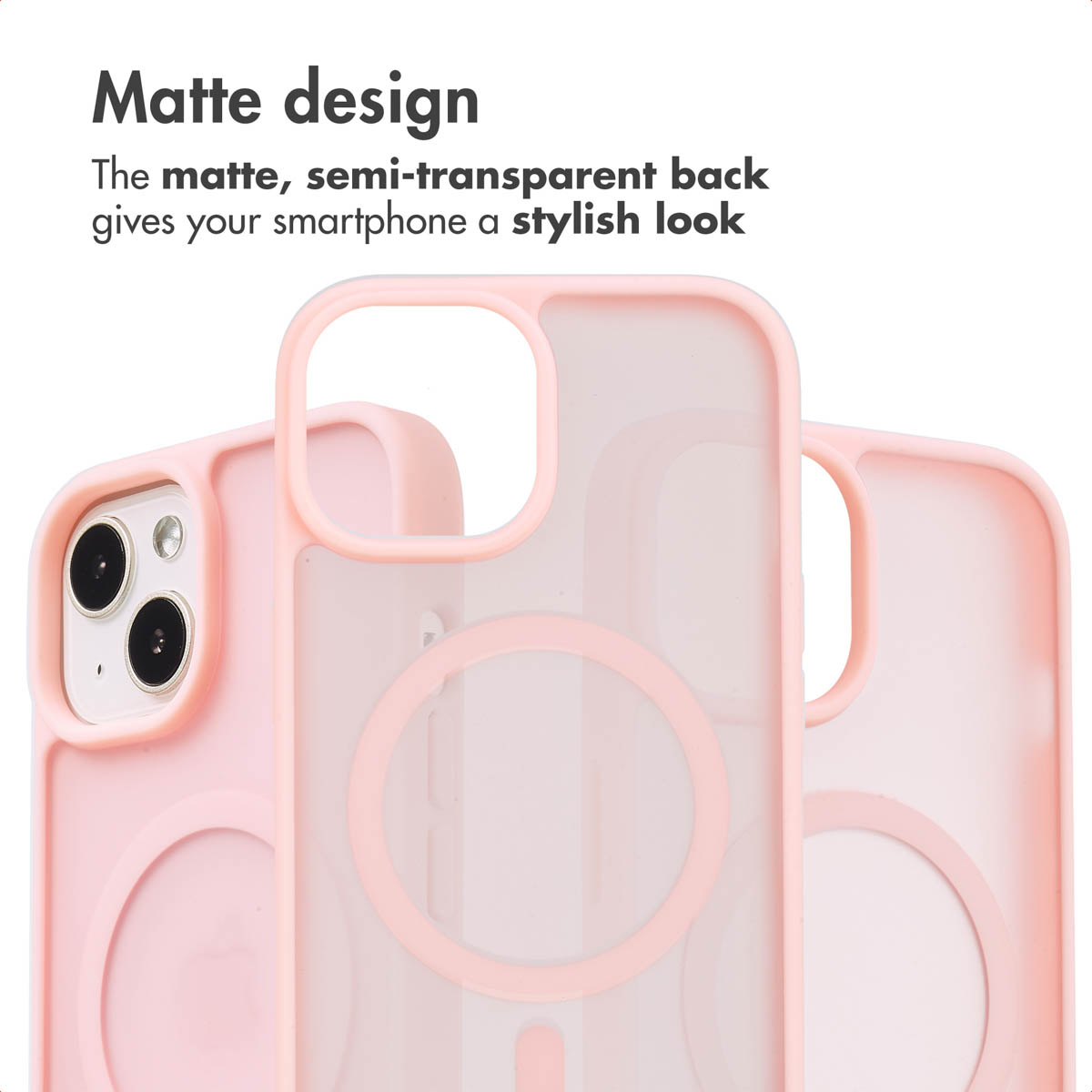 Tre cover per smartphone opache rosa chiaro con un anello magnetico circolare sul retro e testo in alto.