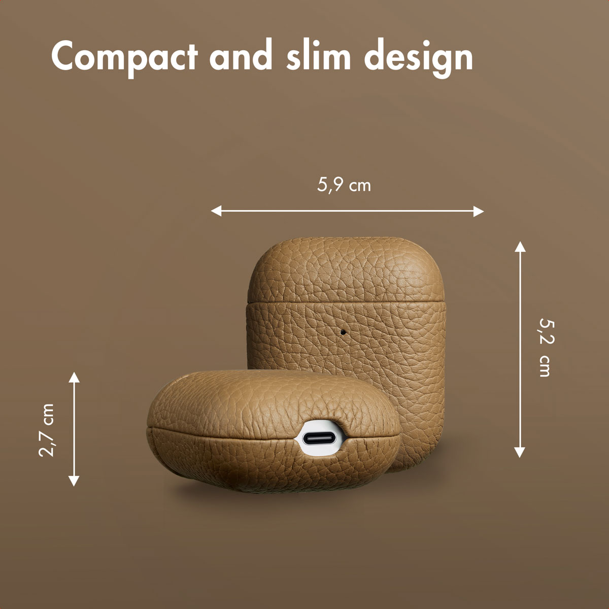 Diseño compacto de fundas de cuero marrón para Airpods con medidas.