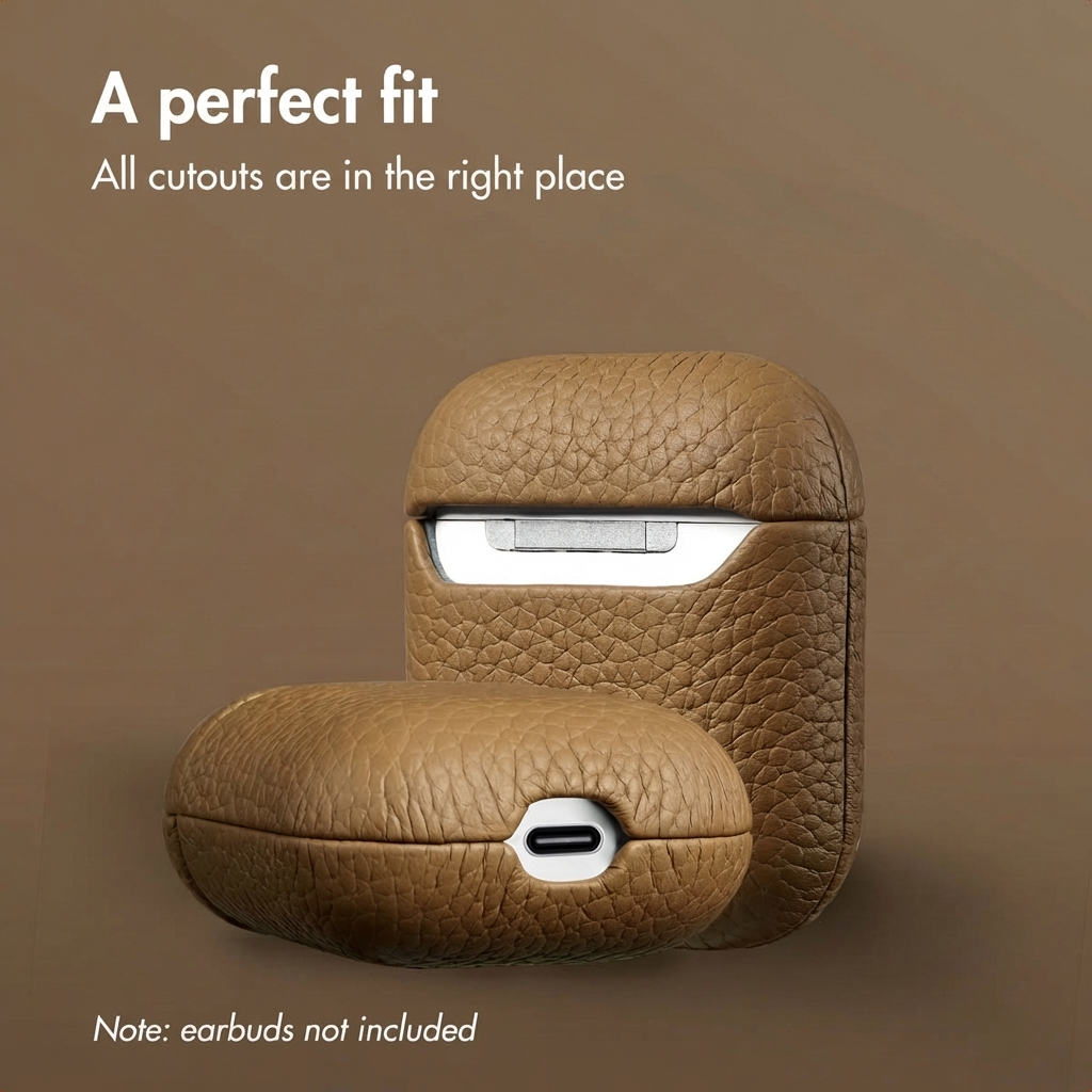 Fundas de cuero marrón para AirPods con aberturas para el puerto de carga sobre fondo marrón.