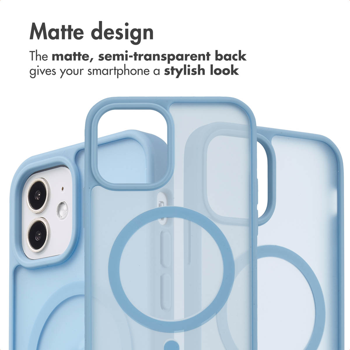 Hellblaue, halbdurchsichtige, matte Smartphone-Hüllen mit kreisförmigem Magnetring-Design auf weißem Hintergrund.