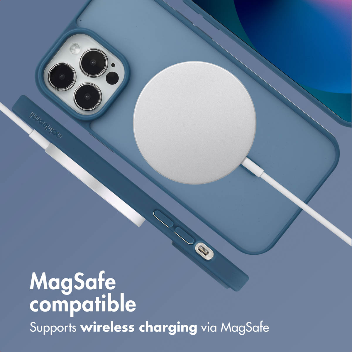 Coque iPhone bleue avec un chargeur sans fil magnetique rond fixe a l'arriere.