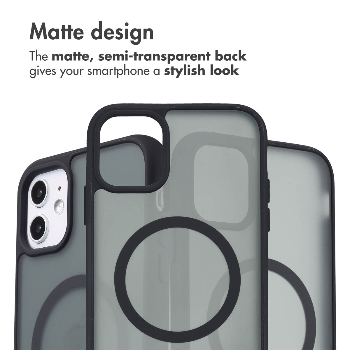 Drei matte, halbdurchsichtige Smartphone-Hüllen mit schwarzen Rändern und runden Magnetringen auf weißem Hintergrund.