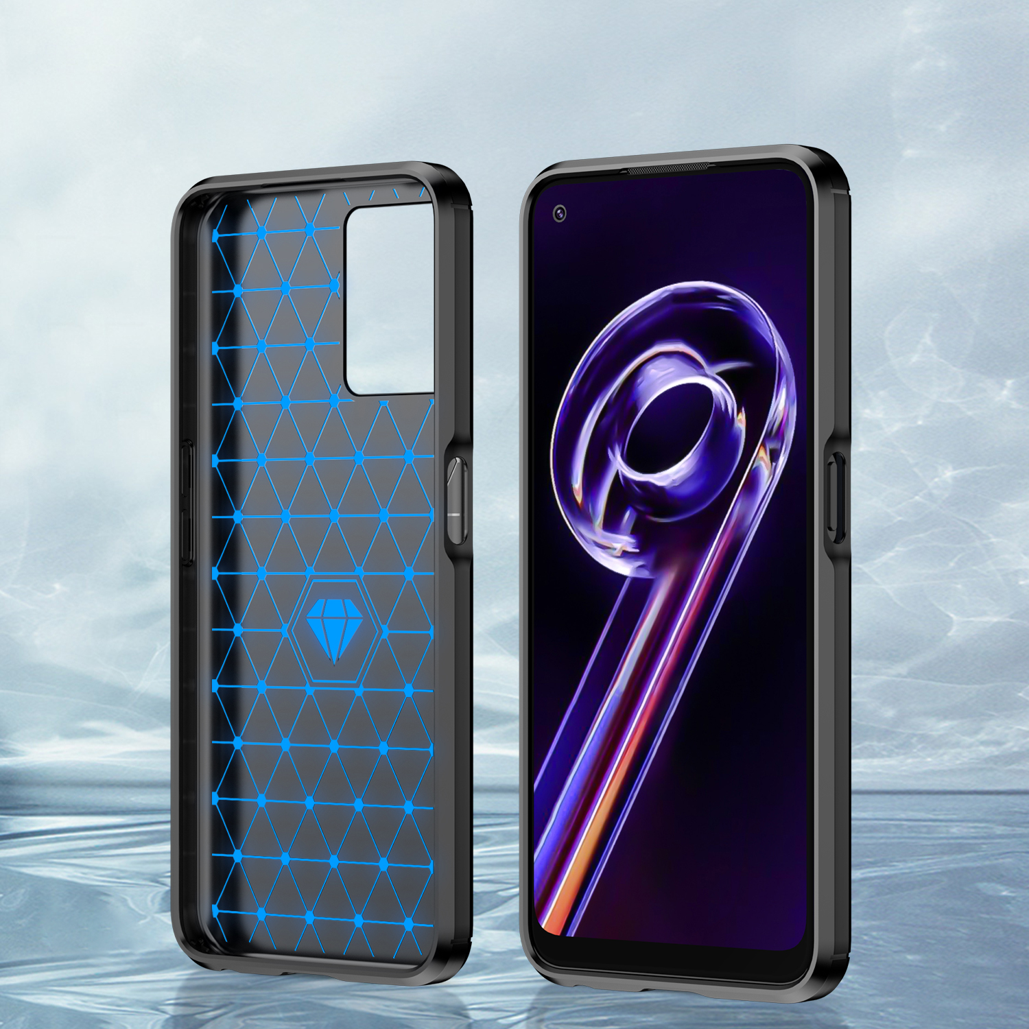 Custodia protettiva nera con trama a rete blu e uno smartphone con grafica astratta sullo schermo.