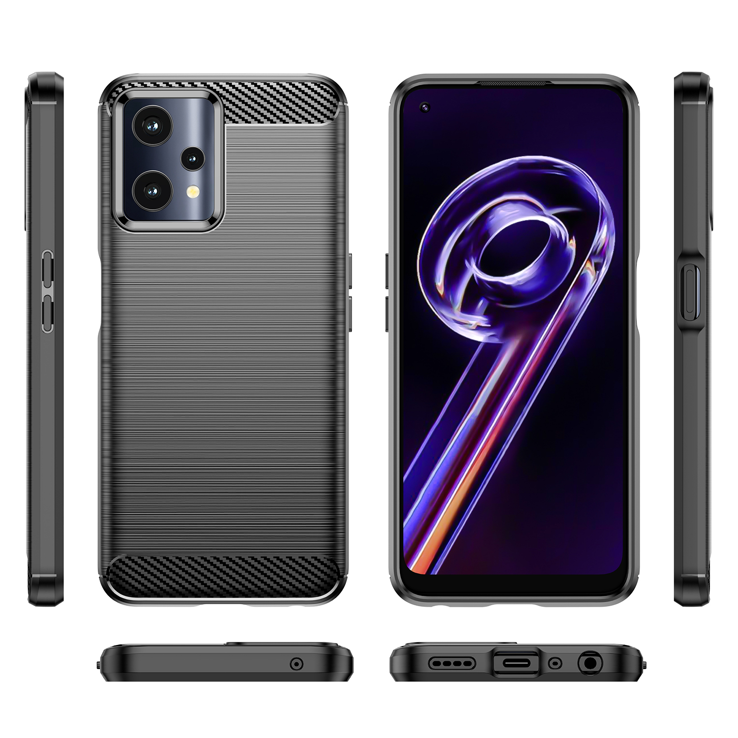 Vista angolata di uno smartphone nero con custodia protettiva in metallo spazzolato e carbonio.