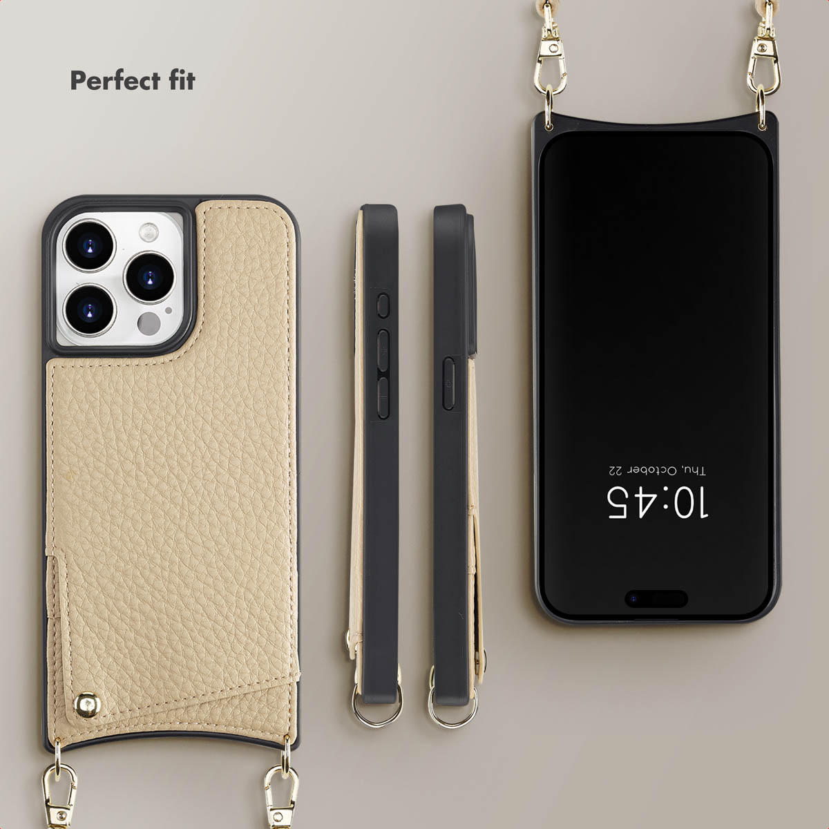 Coque de téléphone en cuir beige avec crochets de sangle, vue de face, de dos et de profil.