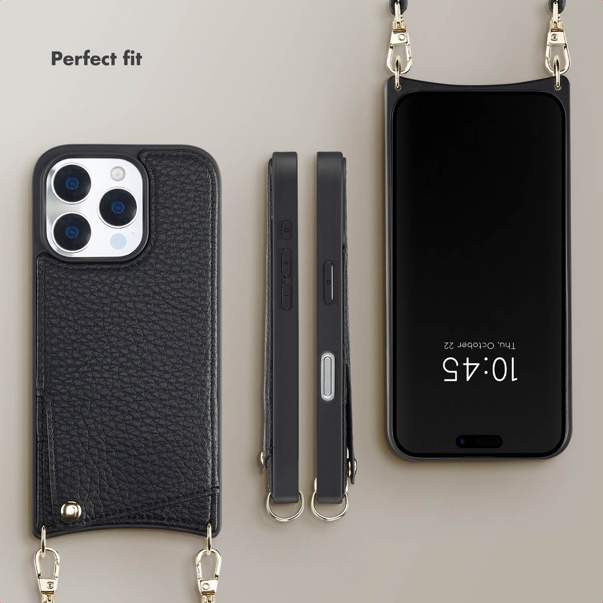 Eine schwarze Leder-Smartphone-Hülle mit Riemen, von hinten, Seite und vorne gezeigt.