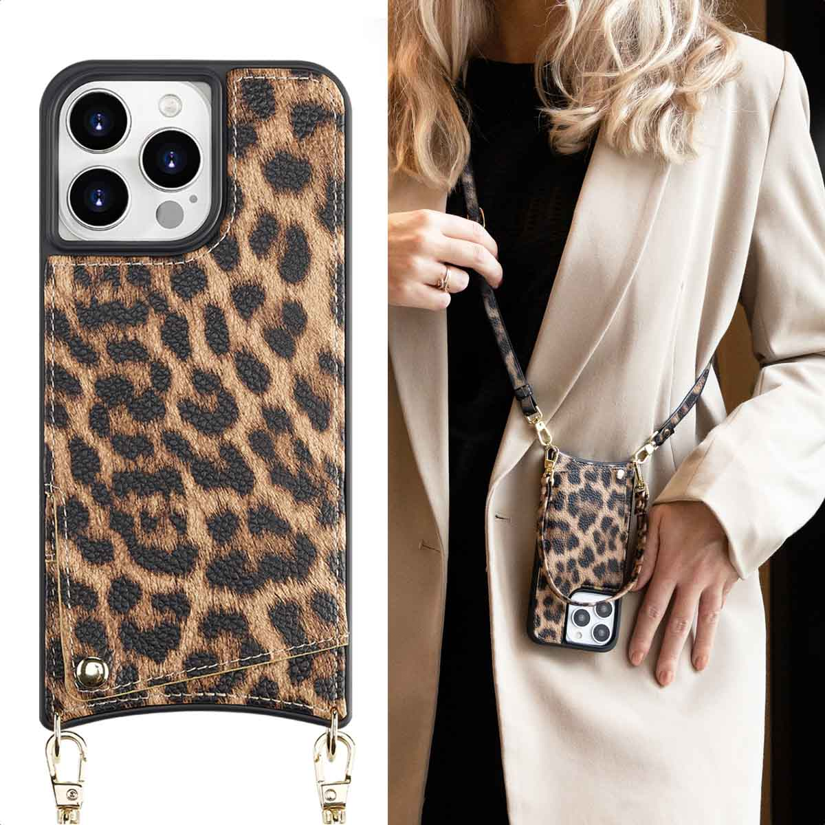 Une coque de téléphone imprimé léopard avec bandoulière, portée par une personne en blazer beige.