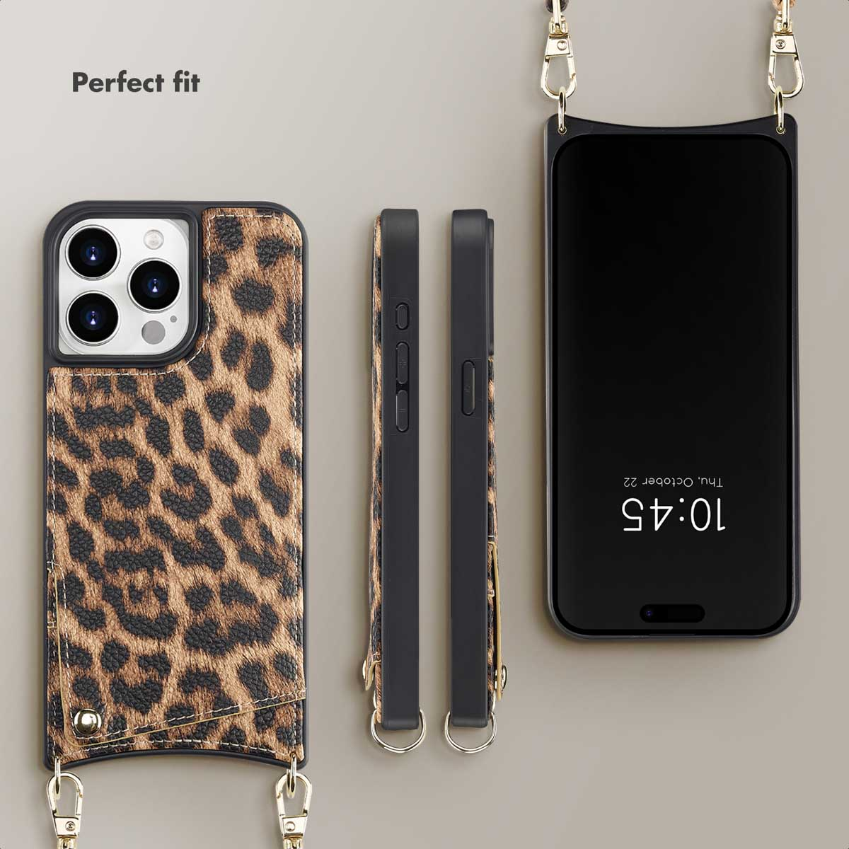 Coque de téléphone motif léopard avec poche et lanière sous plusieurs angles.