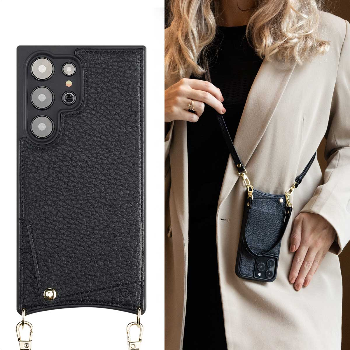 Funda protectora de cuero negro para smartphone con tarjetero integrado y correa cruzada.