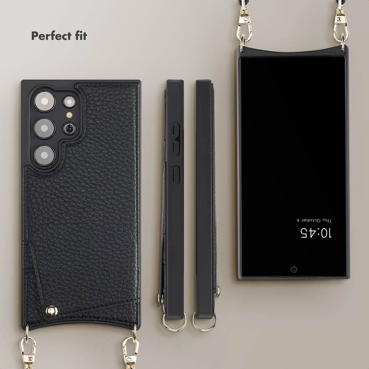 Funda de móvil de piel negra con correa de hombro mostrada desde varios ángulos sobre fondo neutro.
