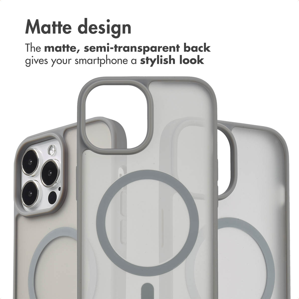 Coque de smartphone mate grise avec dos semi-transparent et anneau MagSafe.