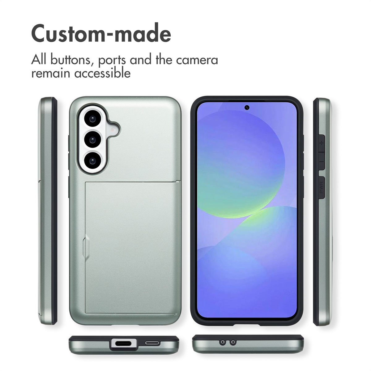 Coque de smartphone argentée vue de dos, de face et de profil, avec ports et fente pour carte accessibles.