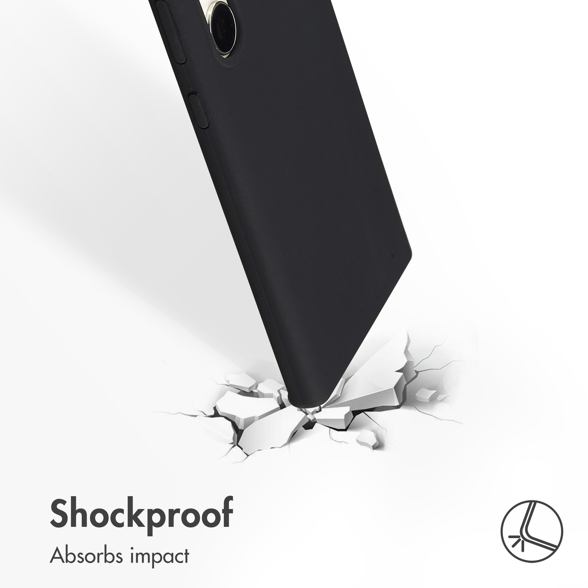 Uno smartphone nero colpisce una superficie bianca che si spacca. Testo: Shockproof. Absorbs impact.