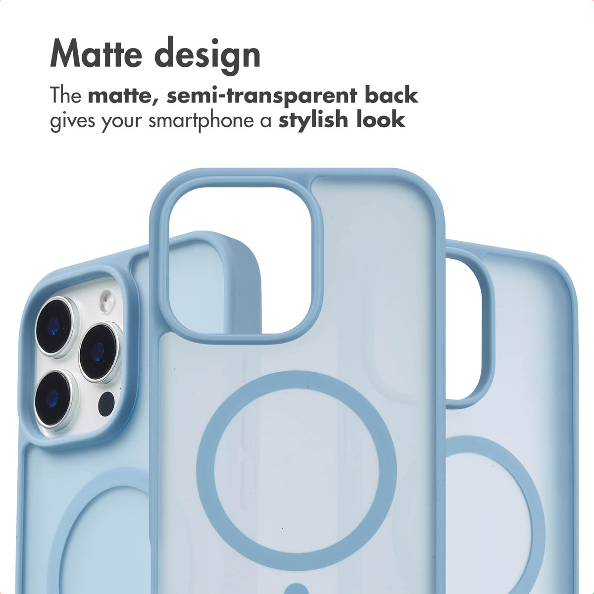 Drie lichtblauwe, matte smartphonehoesjes met ringontwerp.