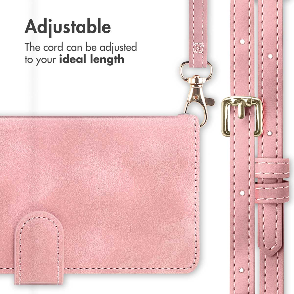 Rosa Lederhandytasche mit verstellbarem Riemen und goldenem Verschluss.