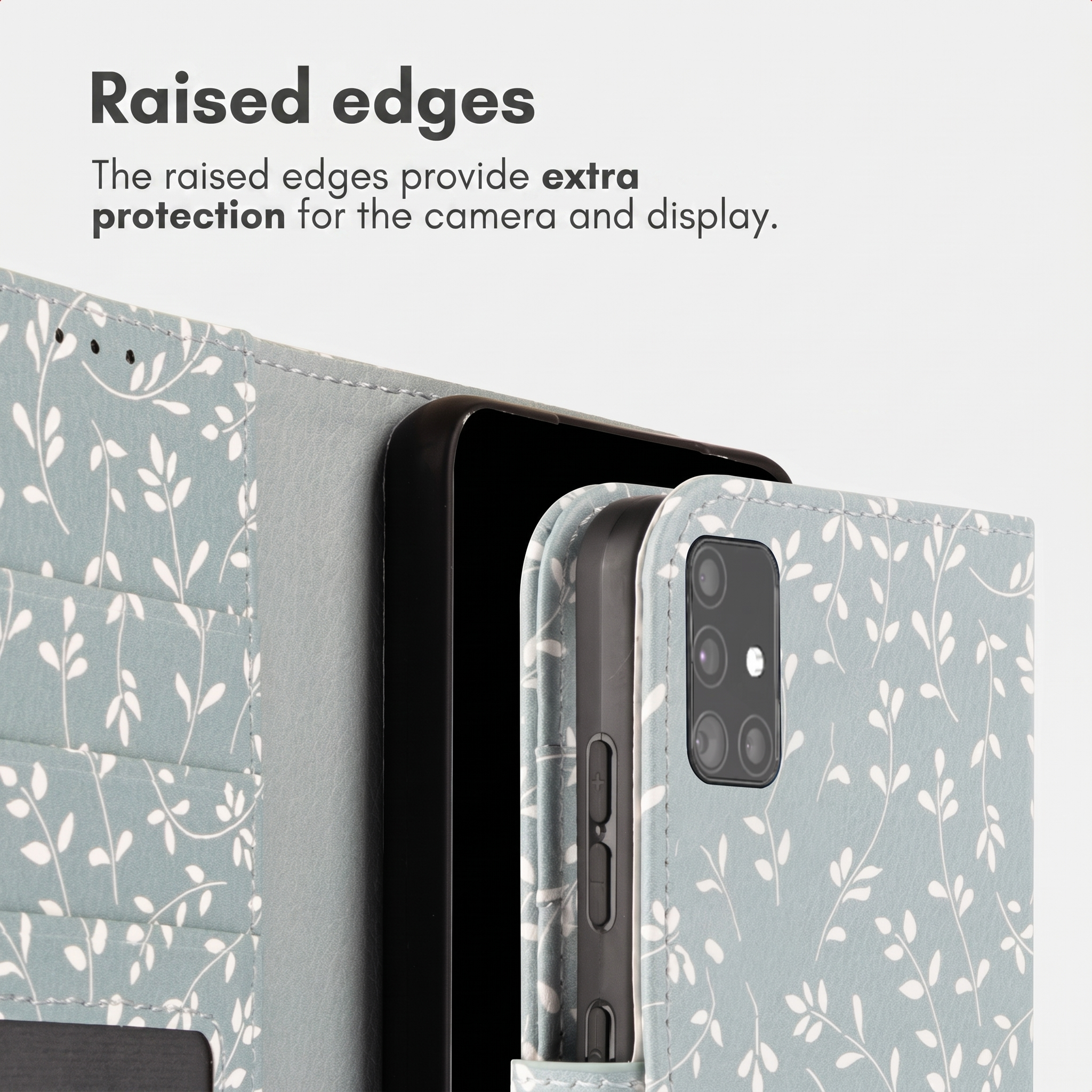 Custodia per telefono floreale azzurro con bordi rialzati per proteggere fotocamera e display.