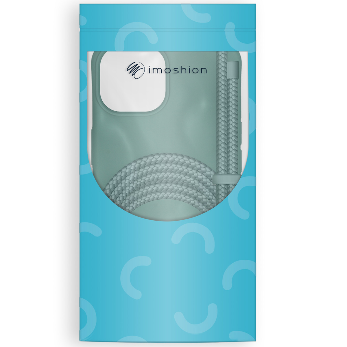 Coque de téléphone verte avec lanière dans un emballage bleu.