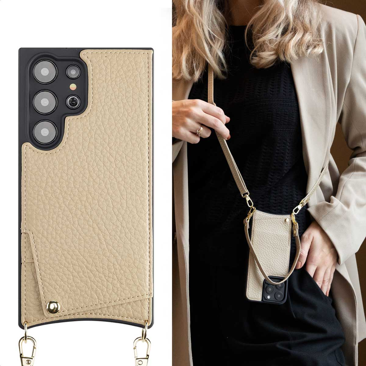Funda de cuero beis para móvil con bolsillo y correa, mostrada sola y puesta en una mujer.