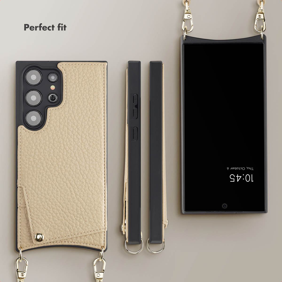 Funda de móvil de cuero beis con correa, mostrando trasera, laterales y frontal.