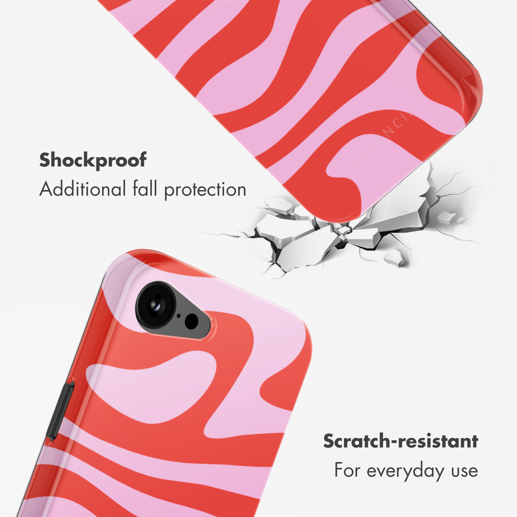 Cover con motivo ondulato rosso e rosa, testo su resistenza a urti e graffi.