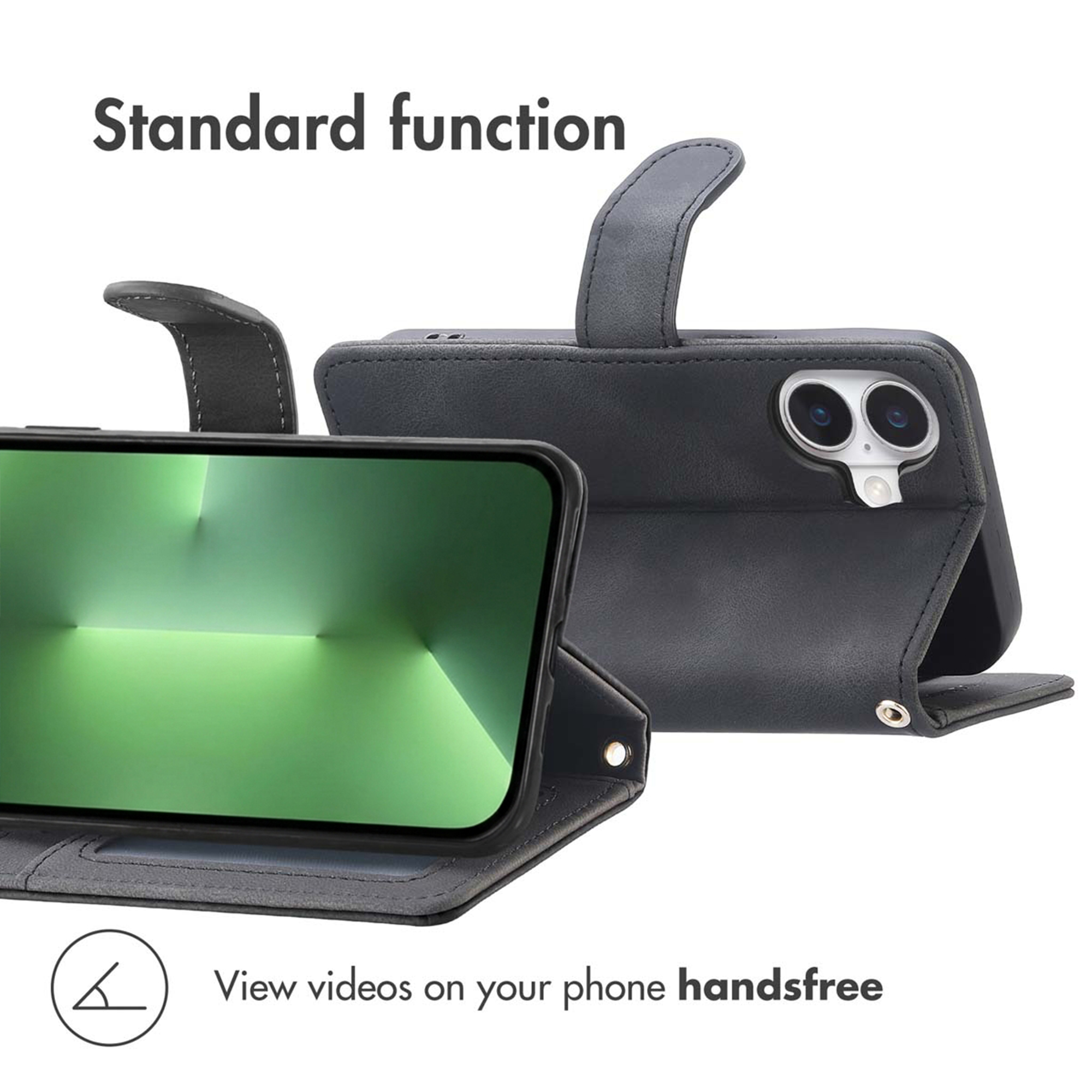 Custodia per telefono in pelle nera con funzione supporto per video.