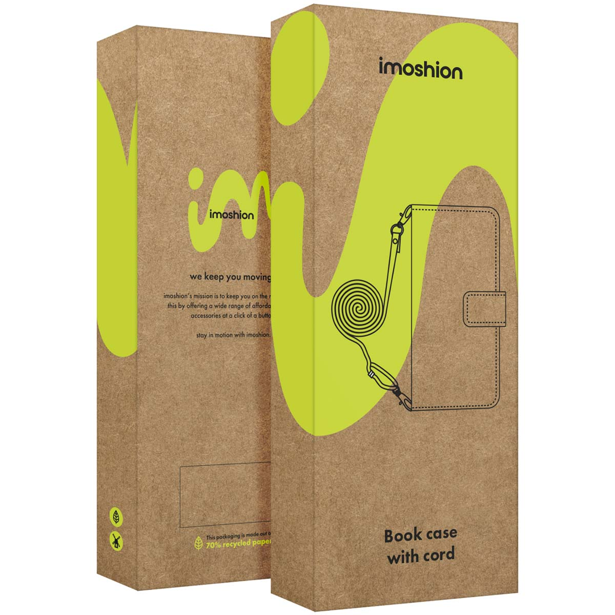Custodia a libro Imoshion con cordino, confezionata in cartone riciclato ecologico.