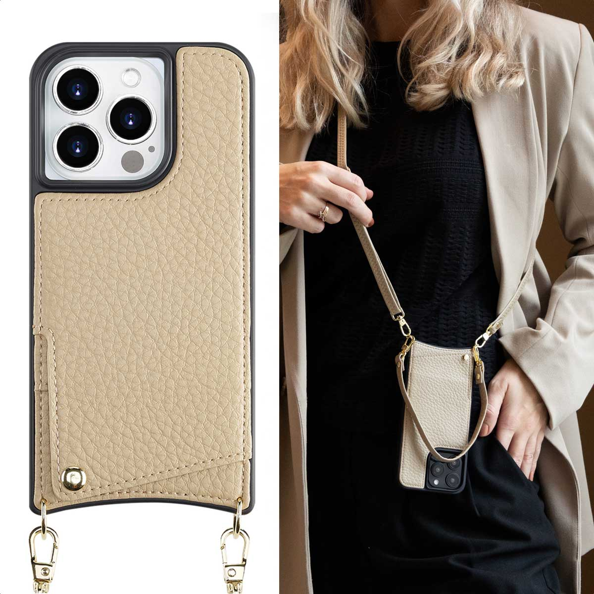Funda de móvil de piel beis con tarjetero y correa, mostrada sola y puesta en una mujer.