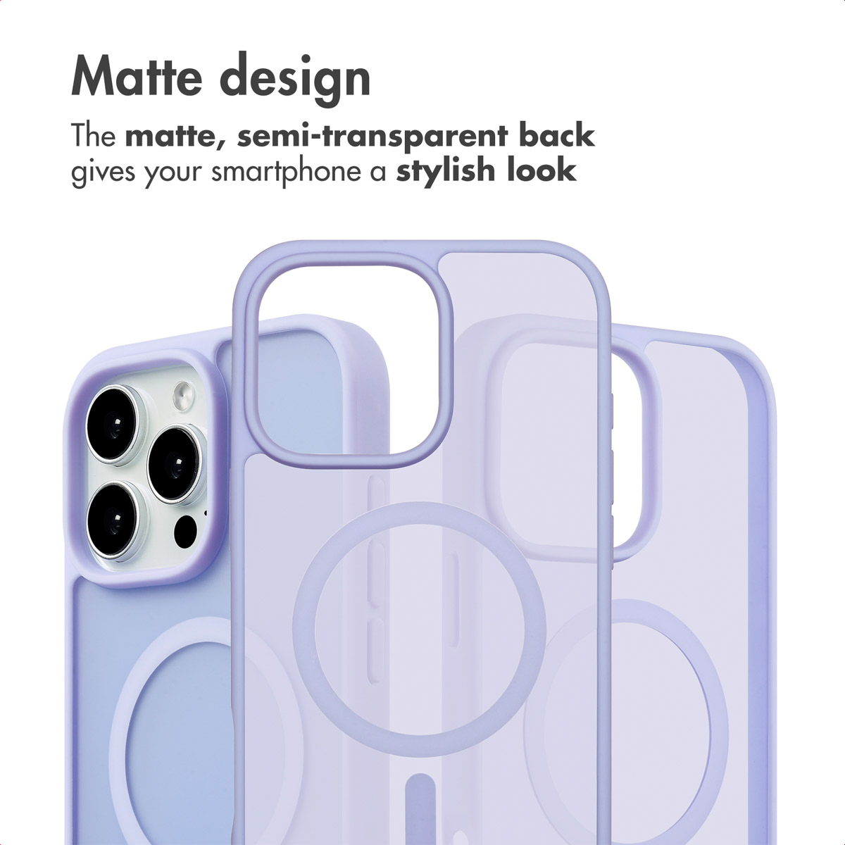 Fundas de smartphone moradas mate y semitransparentes con anillo MagSafe.