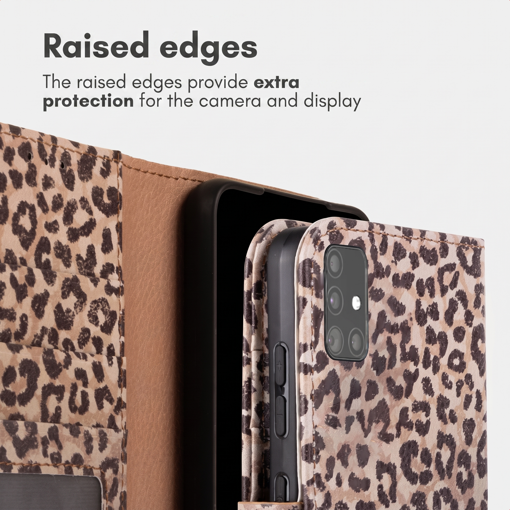 Custodia per telefono leopardata con bordi rialzati per proteggere fotocamera e schermo.