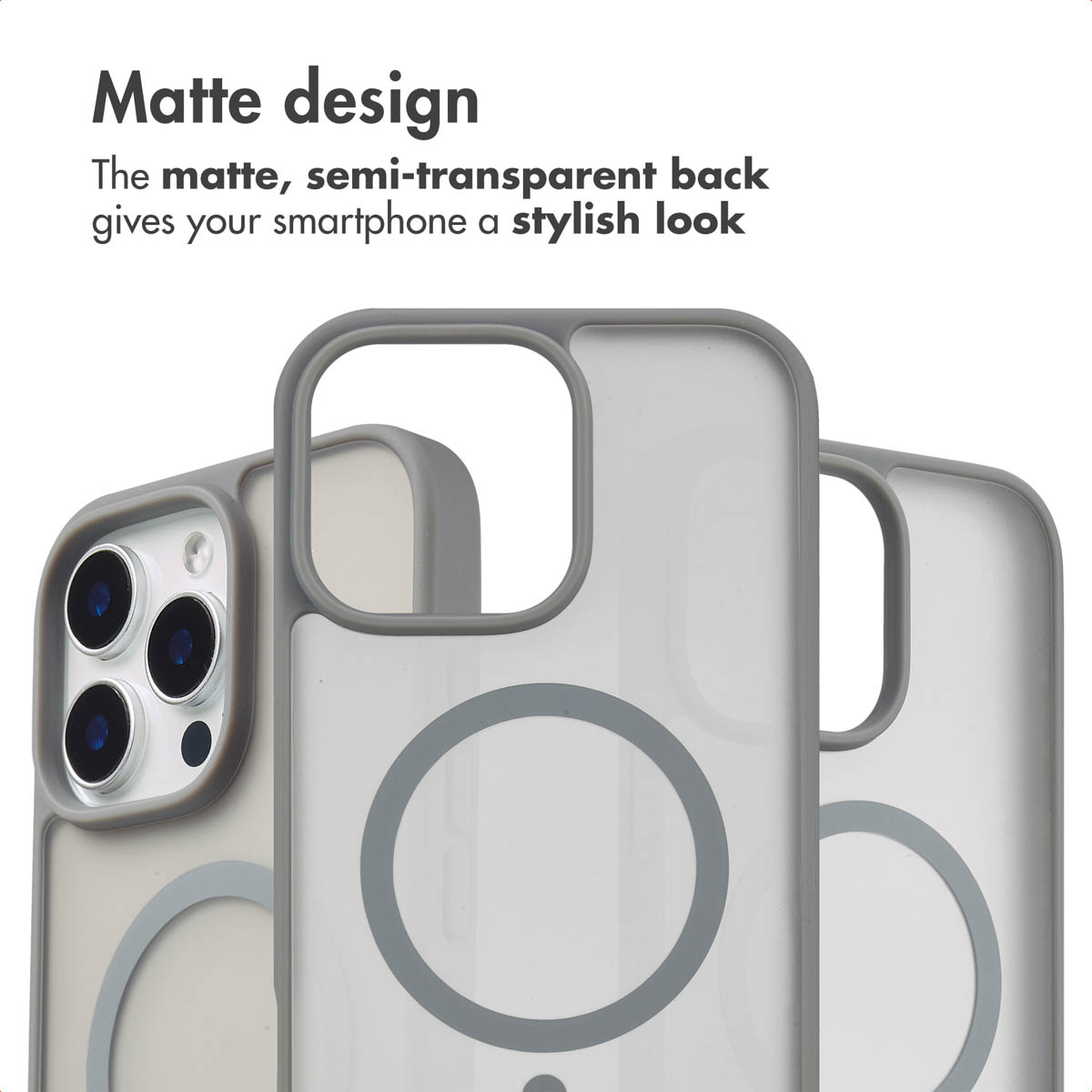 Trois smartphones avec des coques grises mates et semi-transparentes avec des ouvertures pour caméras.